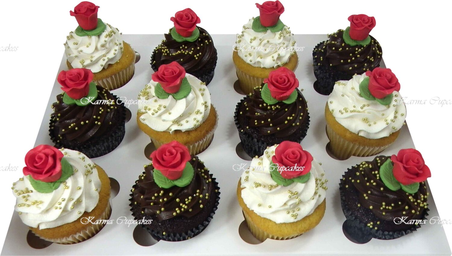 Rose colour of your choice with Chocolate and Vanilla Cupcakes