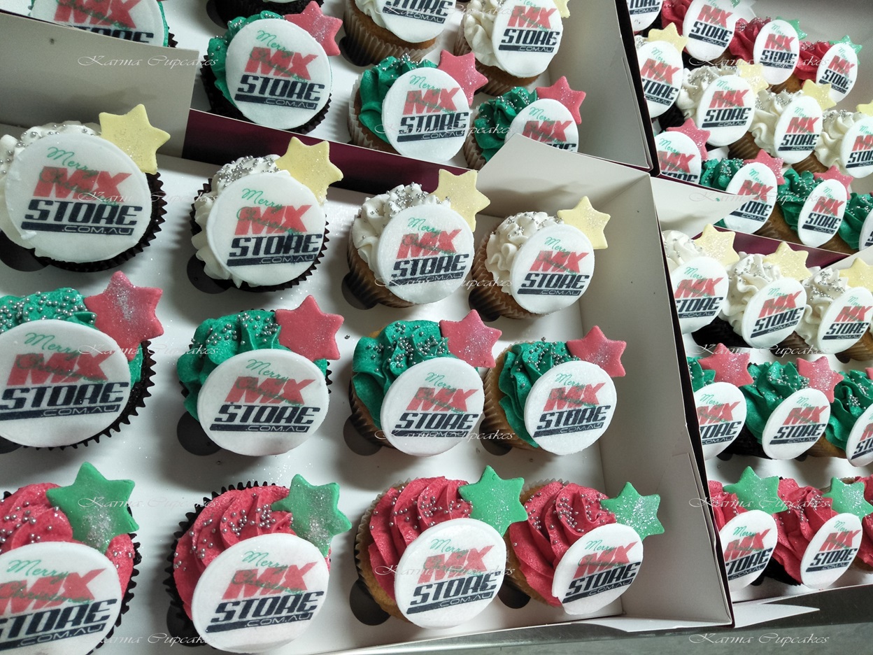 Classic Christmas Cupcakes (chocolate & vanilla) with your logo or photo in a Christmas colour theme. Minimum order 12