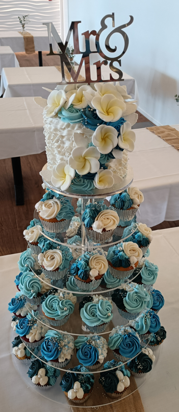 Frangipani and ocean themed cupcake tower