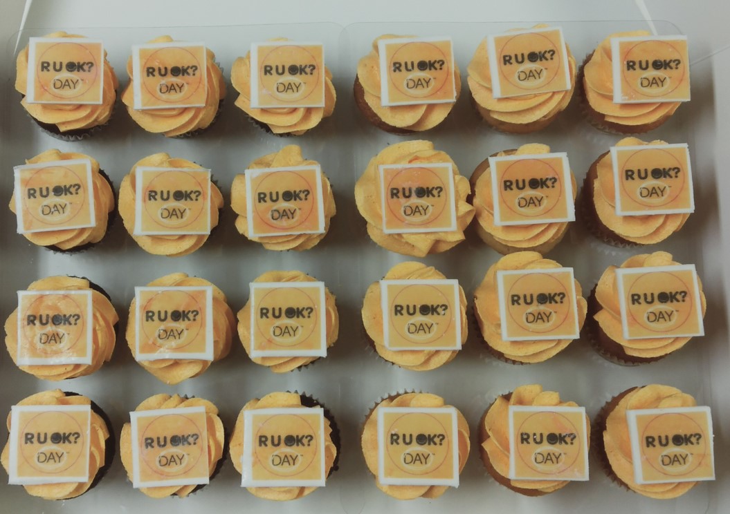 R U Ok? Rectangle Logo on a Mini Vanilla/Chocolate Cupcake - Minimum 12