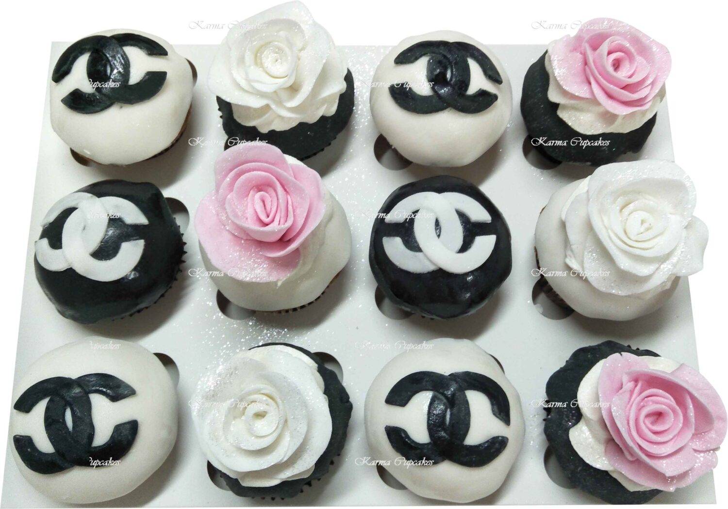 Black and White Chanel Rose Cupcakes
