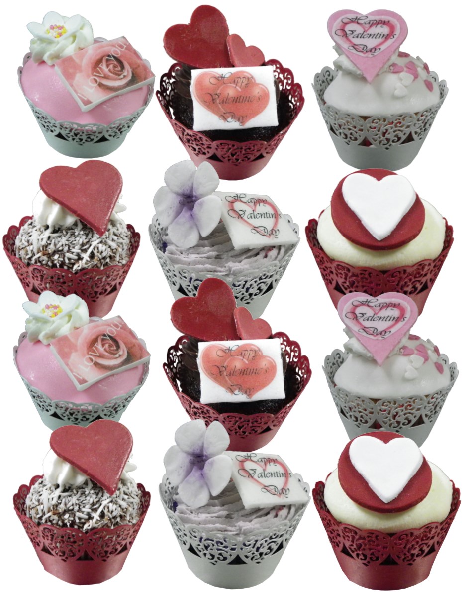 Giftbox of 12 Gourmet Valentine's cupcakes with lace wrappers