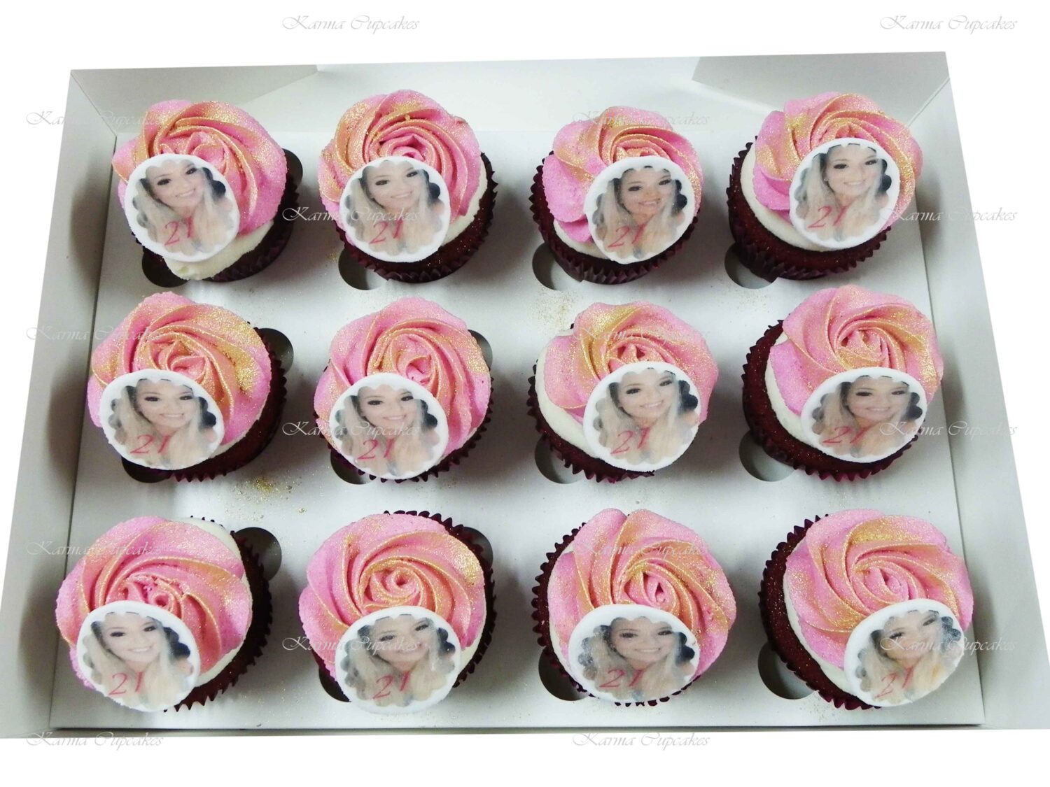 Birthday Cupcakes with rose swirl of buttercream icing and Edible Photo - choose your own colours