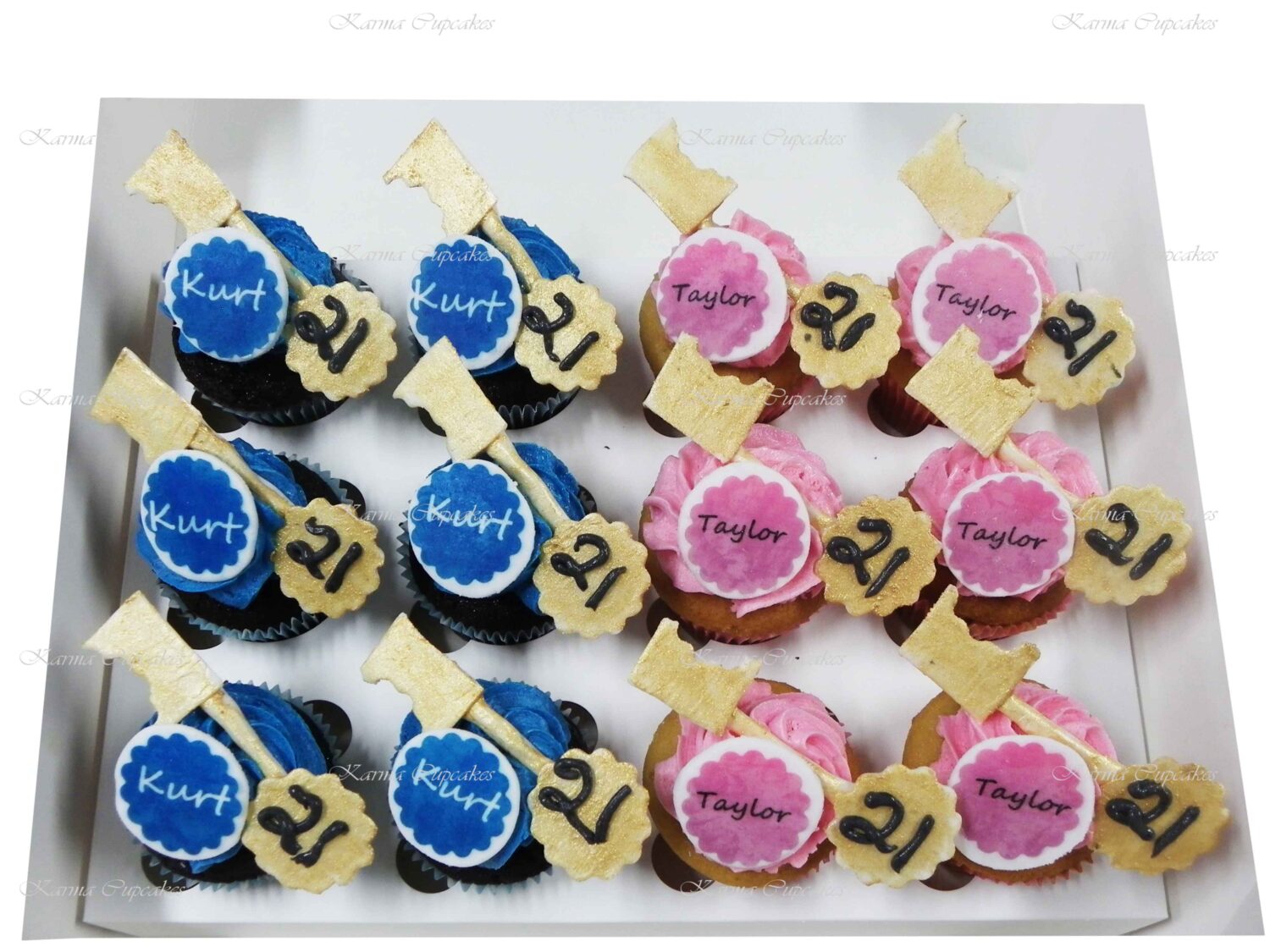 21st Birthday Cupcakes with Handmade Keys and Edible Name Plaques