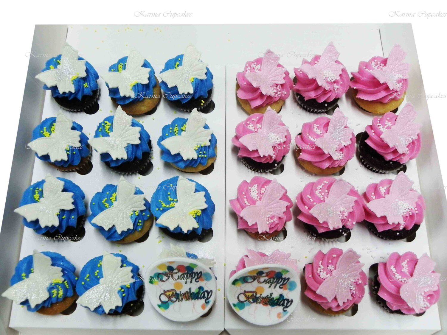 Mini Cupcakes with Butterfly and sprinkles and 2 Happy Birthday Edible Plaque - Choose your colours