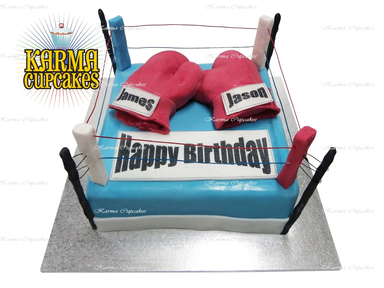 Boxing Ring with Gloves fondant iced Square Birthday Cake