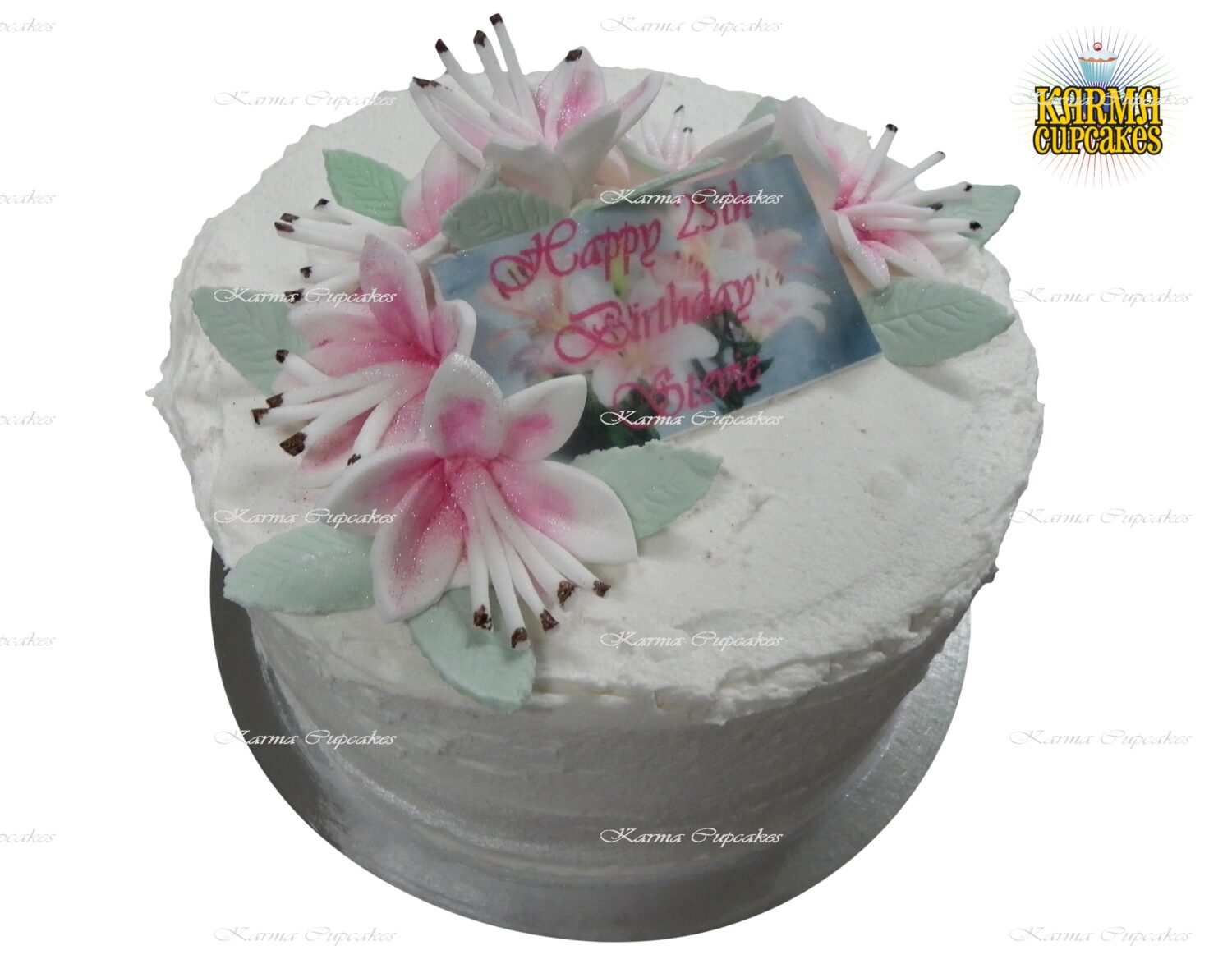 8" Cake with Edible Lilies and Name Plaque
