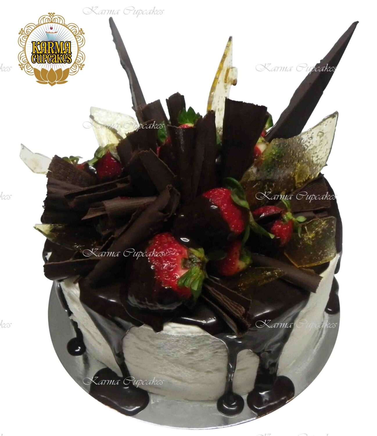 Toffee and Chocolate Shards 8” Drip cake with Chocolate Dipped Strawberries
