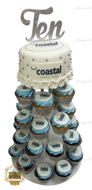Corporate cupcake tower with edible images