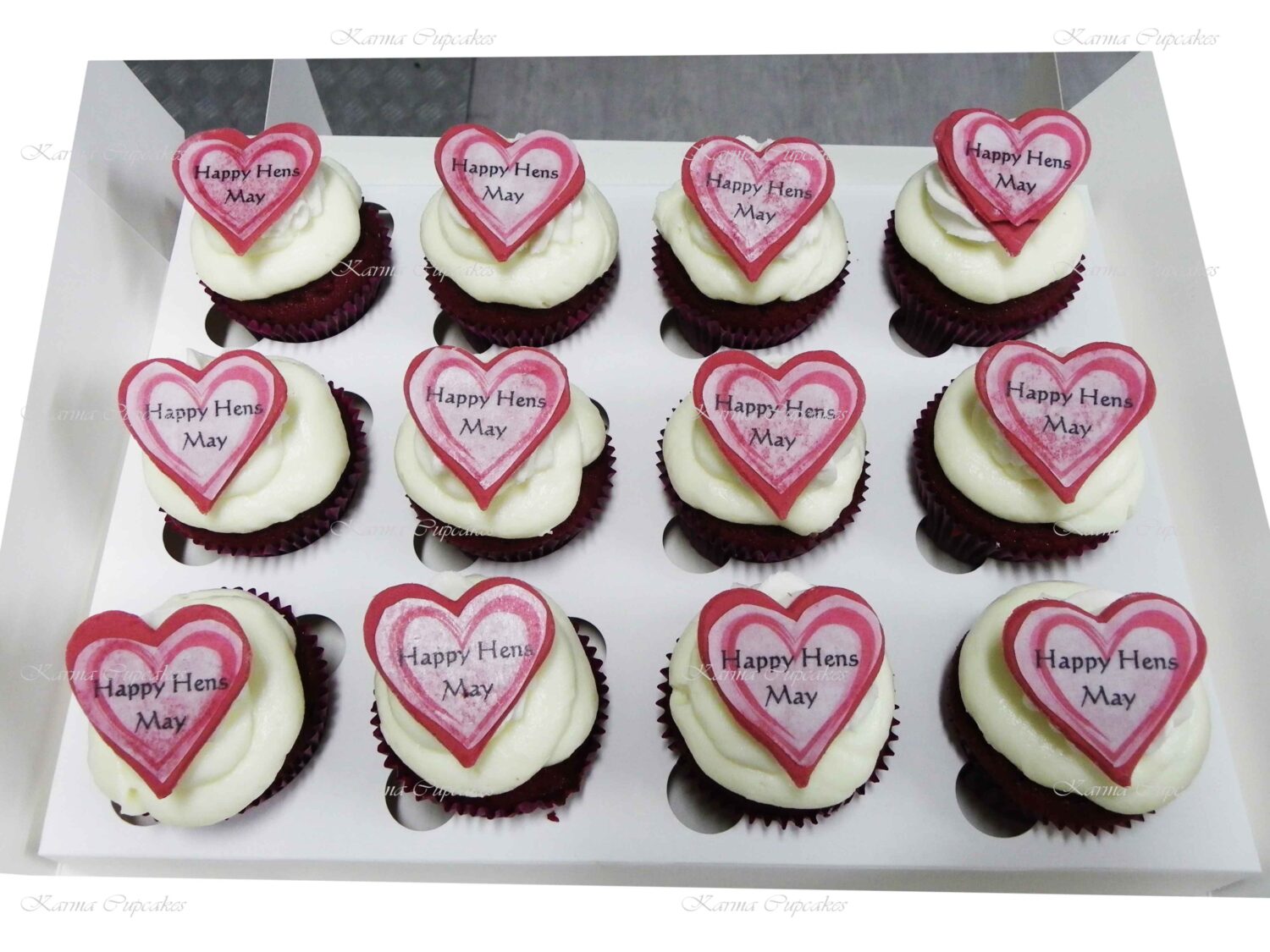 Hen's Night Red Velvet Cupcakes with personalised heart shaped Edible Image