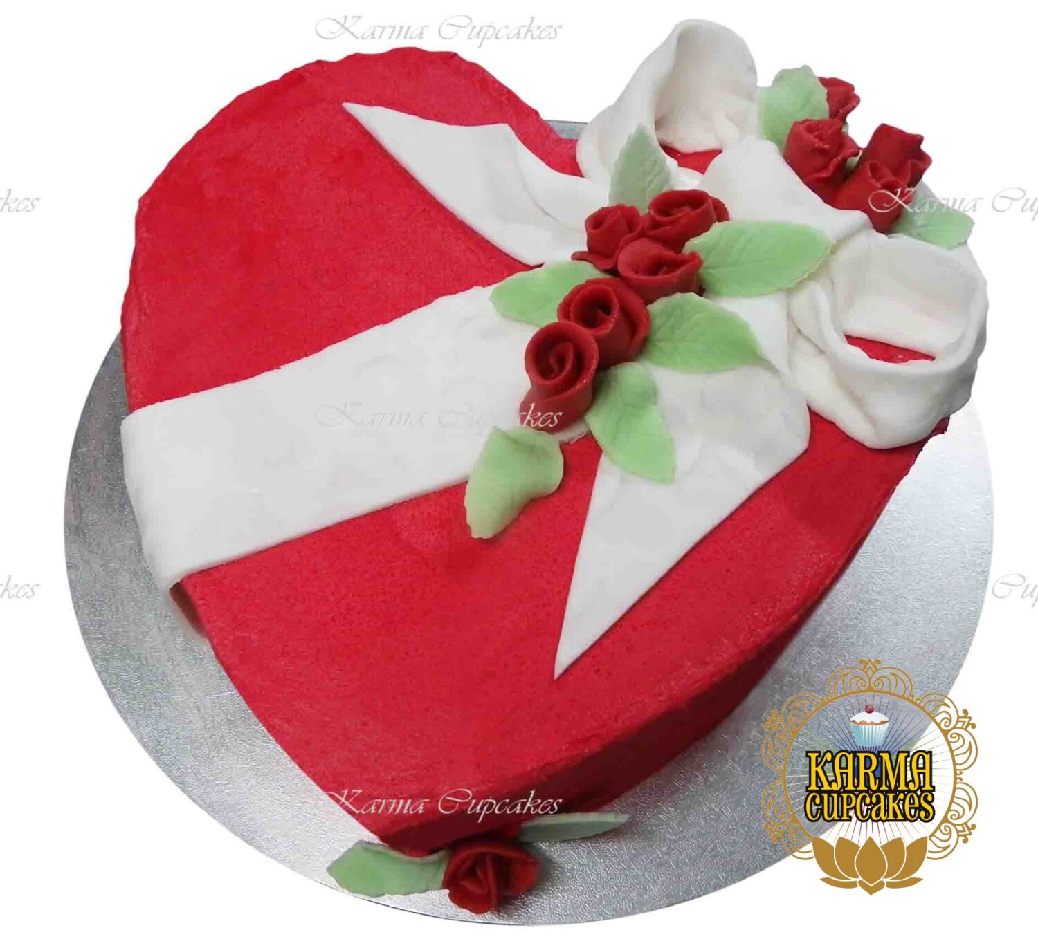 Heart shaped fondant iced Cake with Sugar Bow and Roses - choose your colour/s