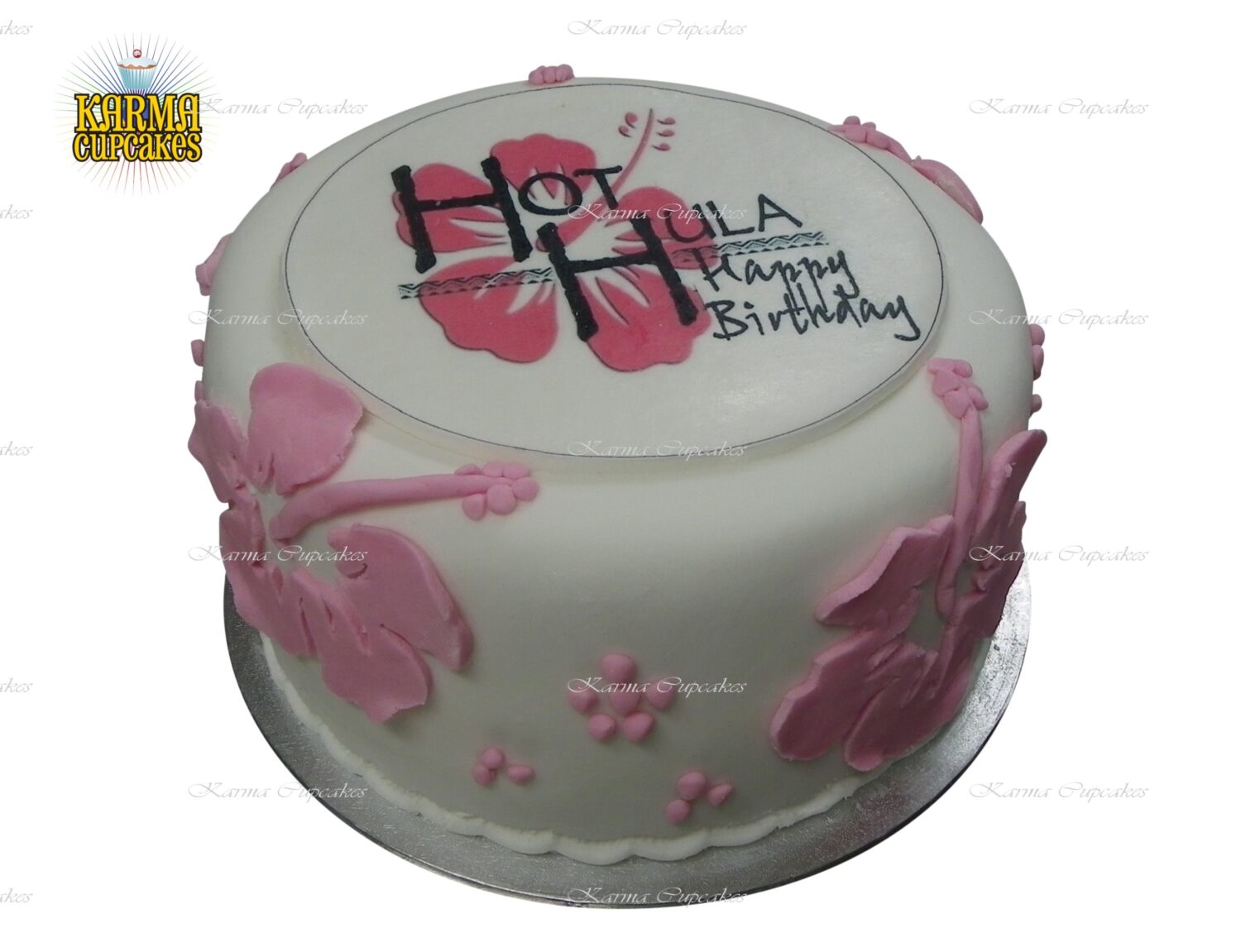 8" Hawaiian Themed Cake with Edible Image and hibiscuses design around the sides