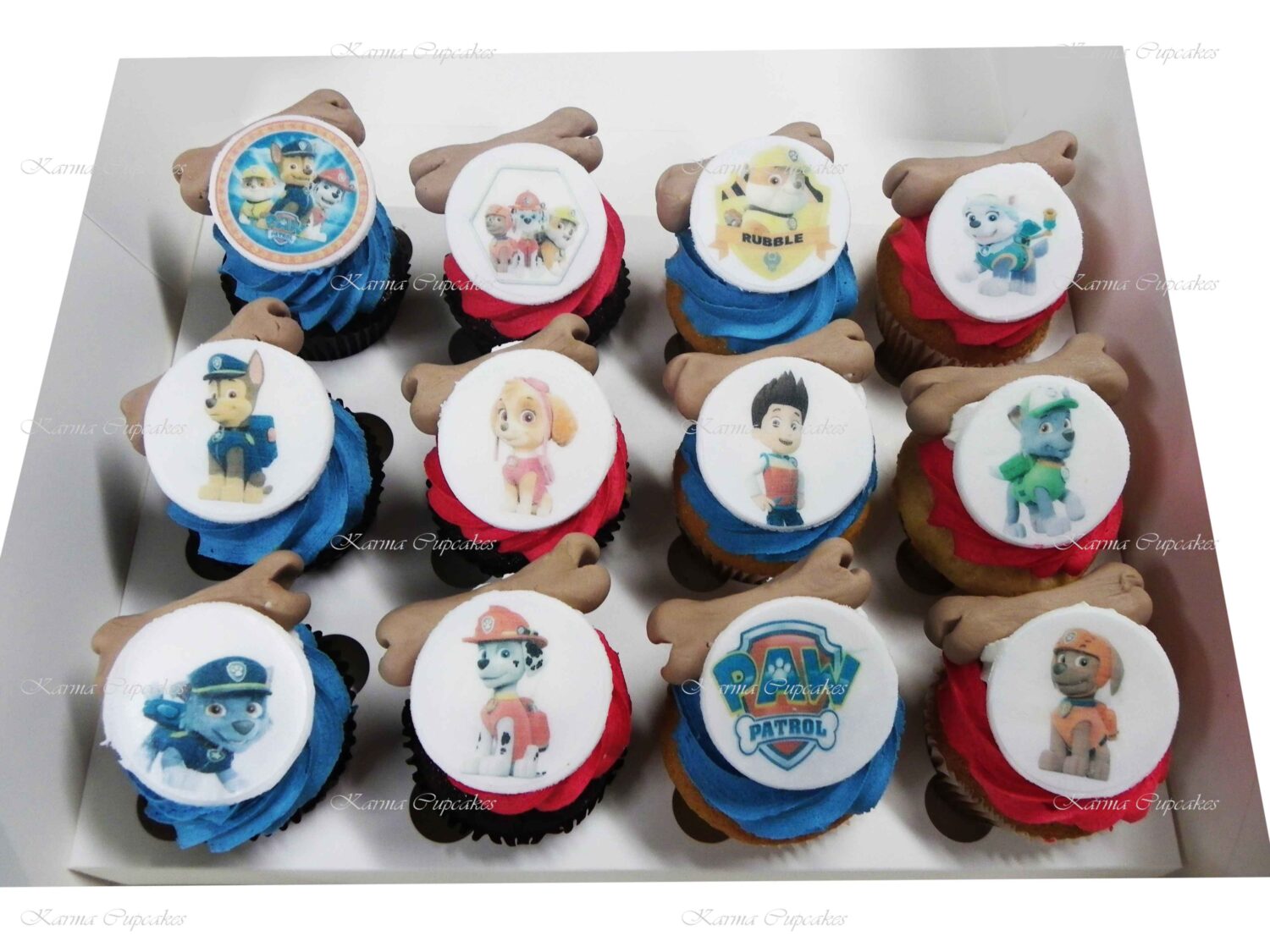 Paw Patrol Cupcakes with a dog bone (chocolate and vanilla)