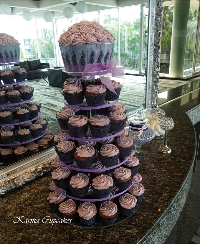 Lavender Wedding Cupcake Tower With Classic Rose Icing Swirls