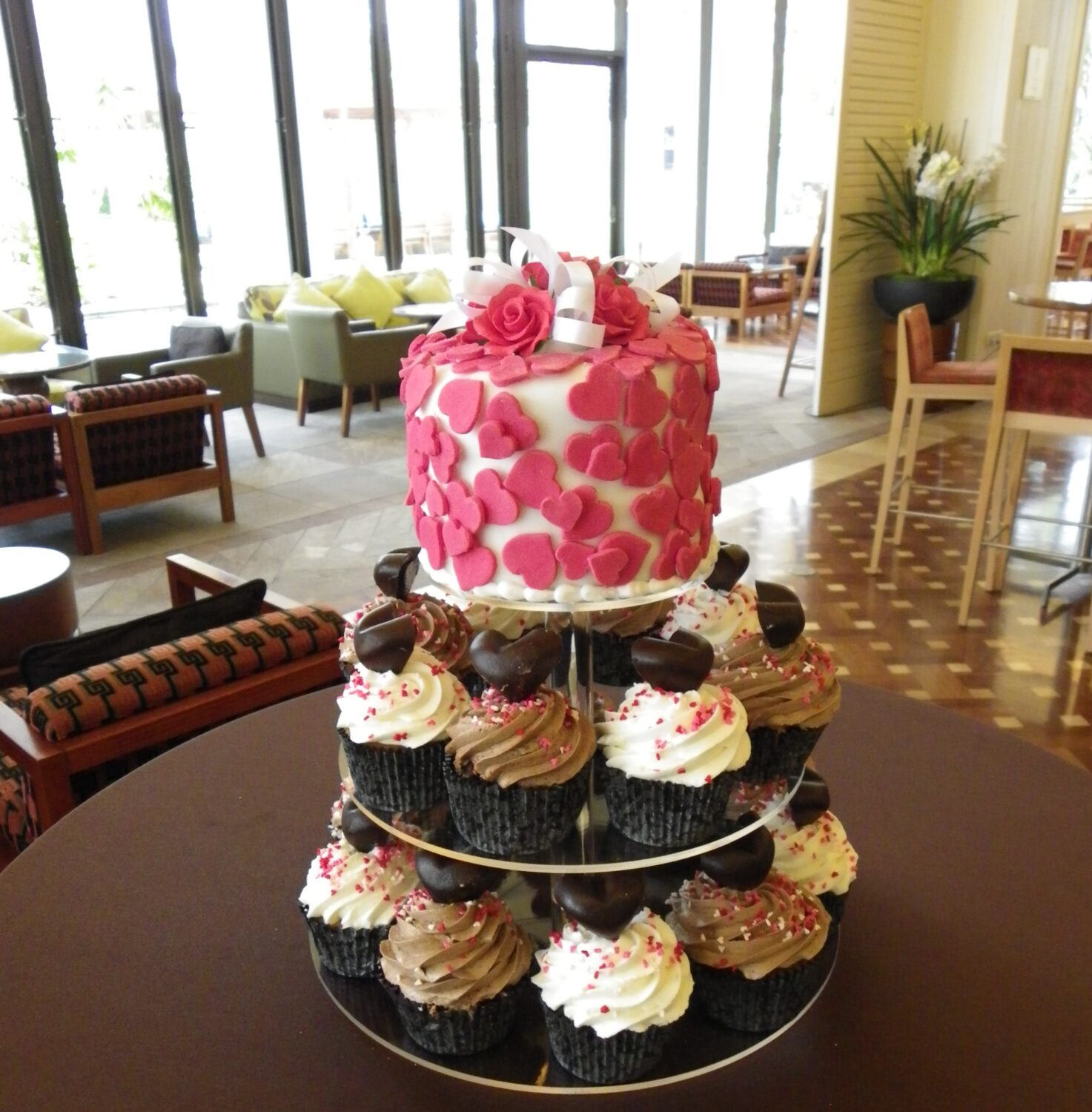 Red Love Heart Wedding Cake with chocolate heart cupcakes