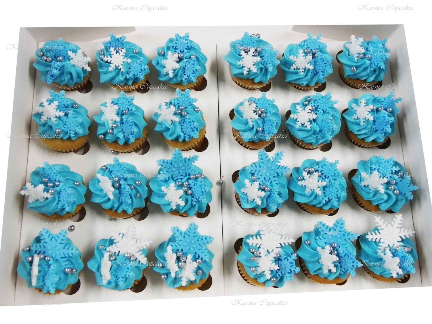 Blue buttercream iced Chocolate and Vanilla Mini Cupcakes with 2 Frozen snowflakes and sprinkles