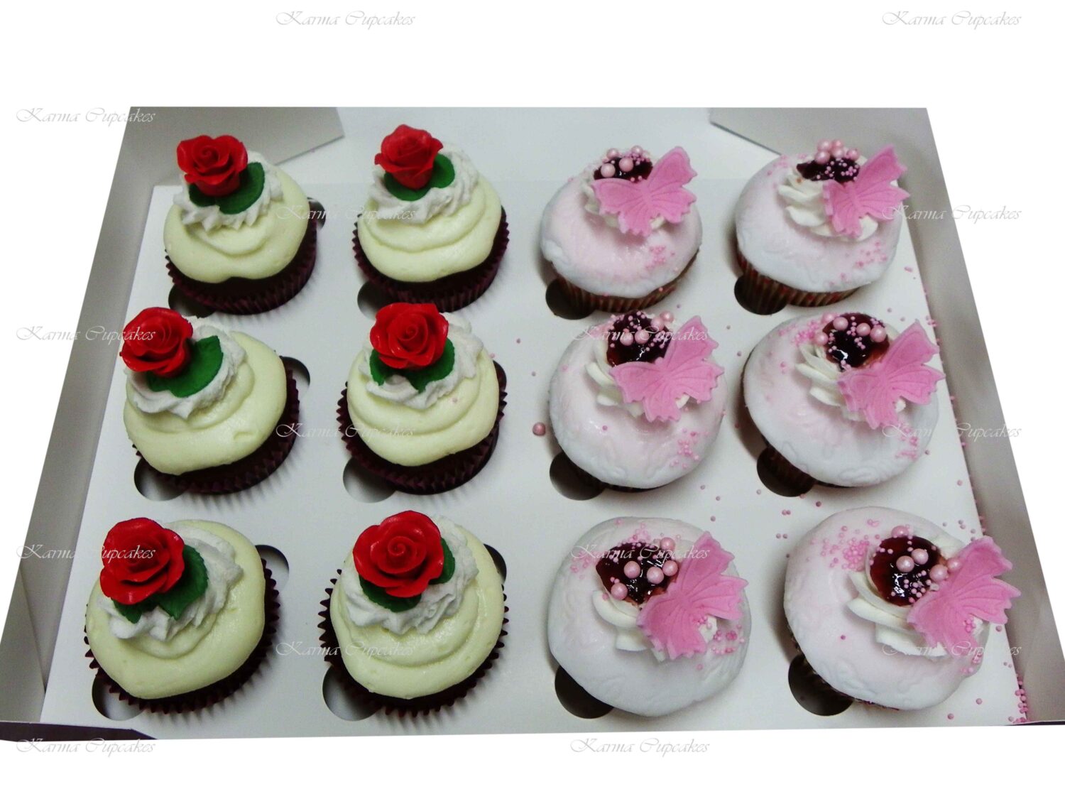Half Butterfly and Half Red Sugar Rose Cupcakes