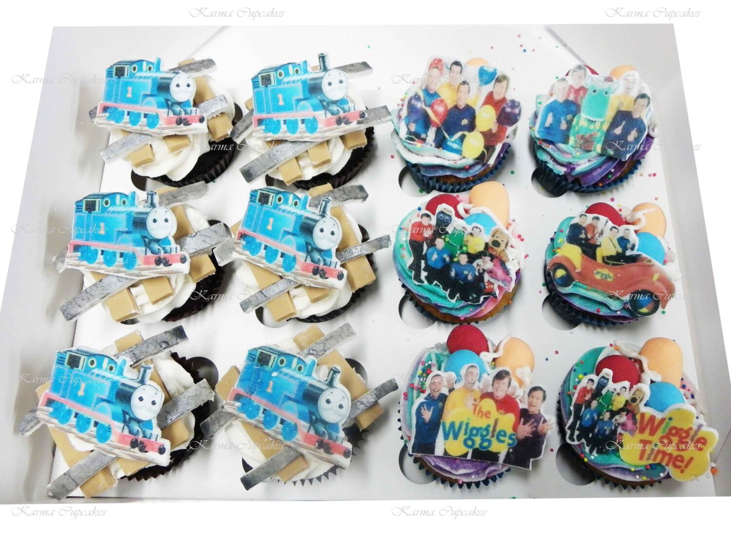 Thomas the Tank Engine and The Wiggles Gourmet Cupcakes. Includes extra railway track and or sugar balloons