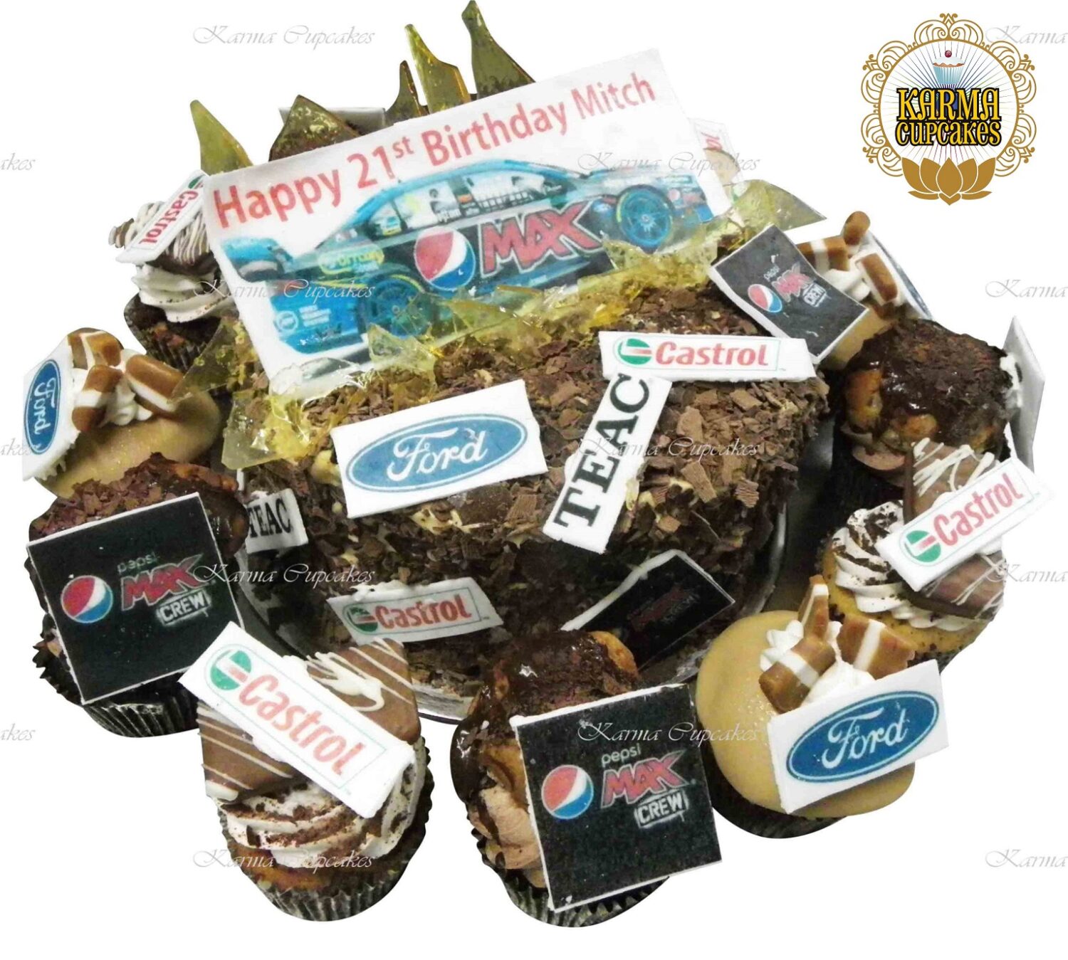 Racing Car Cake with edible Images of sponsor logos