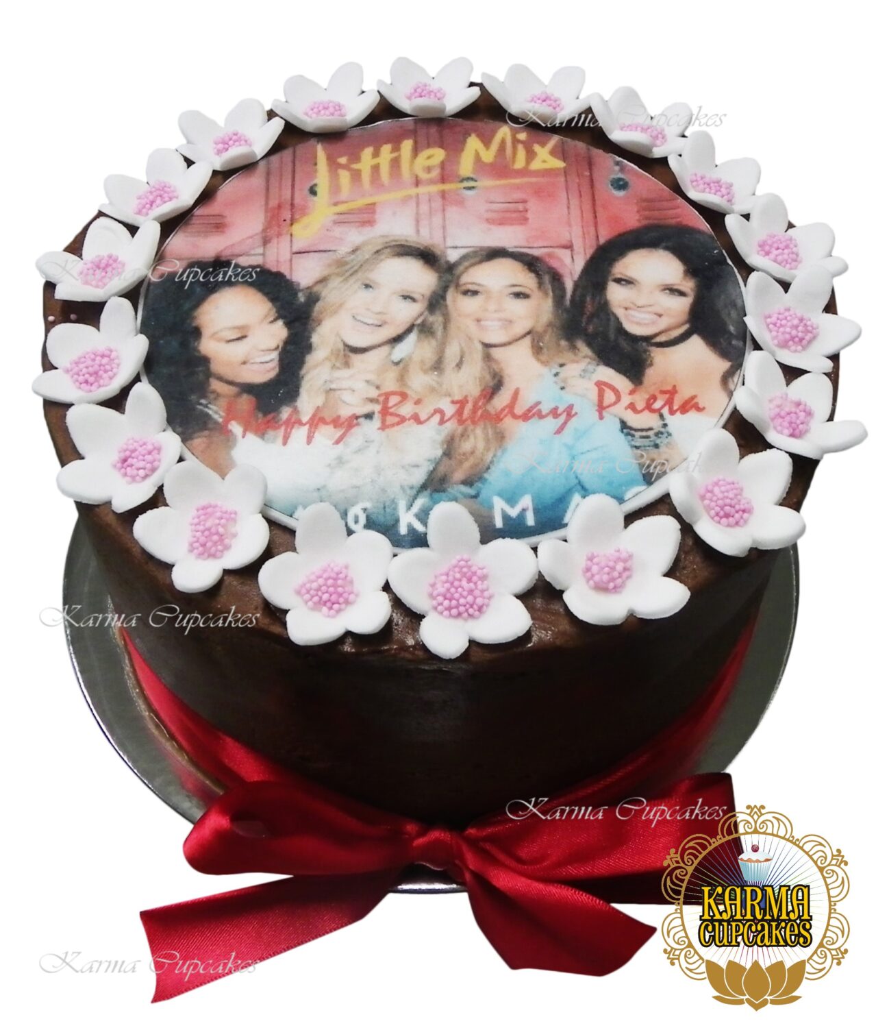 Birthday Cake with Edible Image, Sugar Flowers and ribbon around base