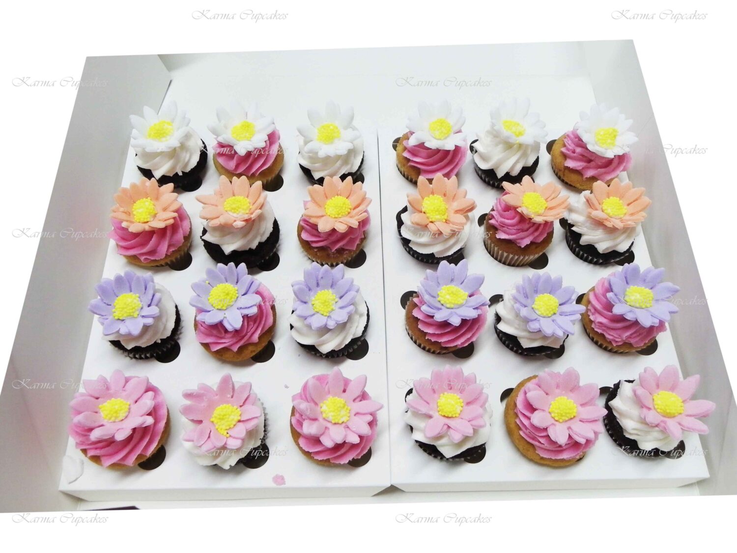 Mini Cupcakes with 4 coloured handmade Daisies - pastel pink, purple, orange and white