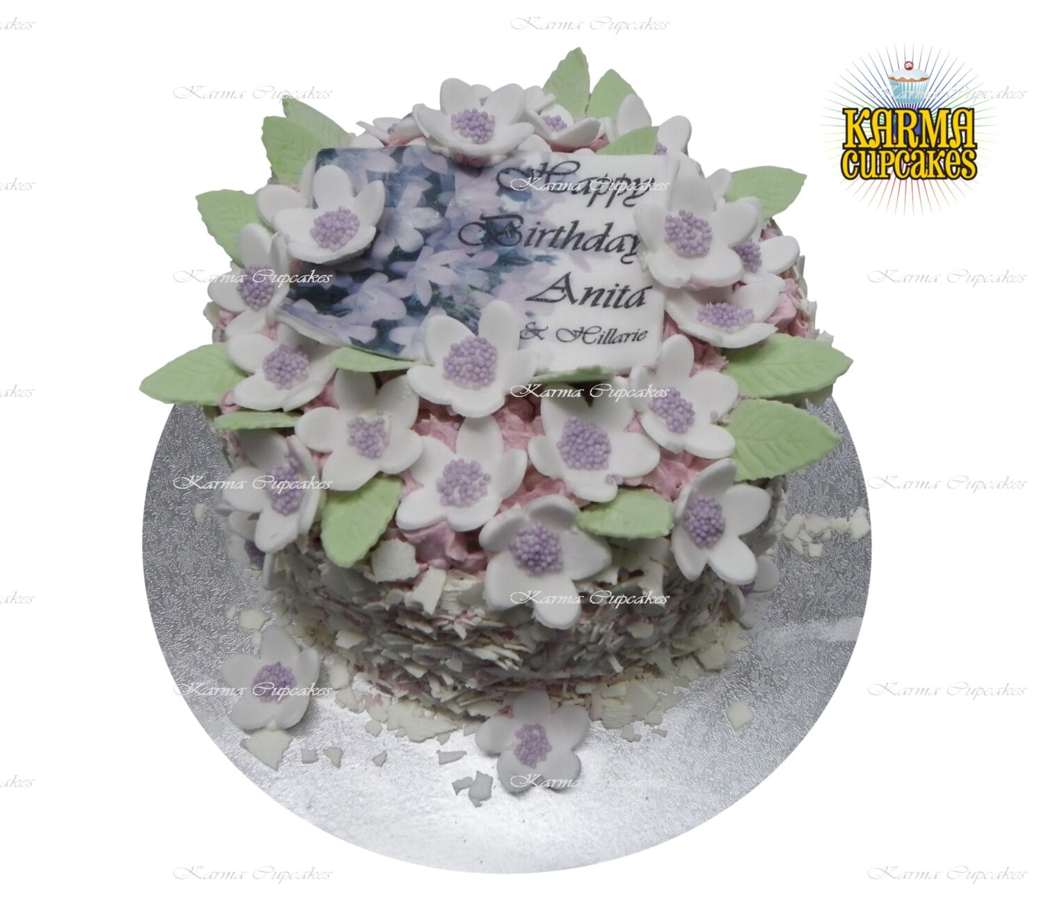 Sugar Flower Birthday Cake with White Chocolate Flakes