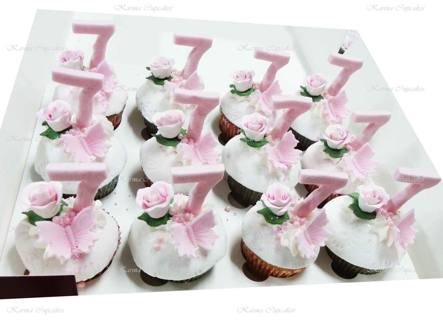 Fondant Iced Birthday Cupcakes with a Handmade Sugar Rose, Butterfly and Number