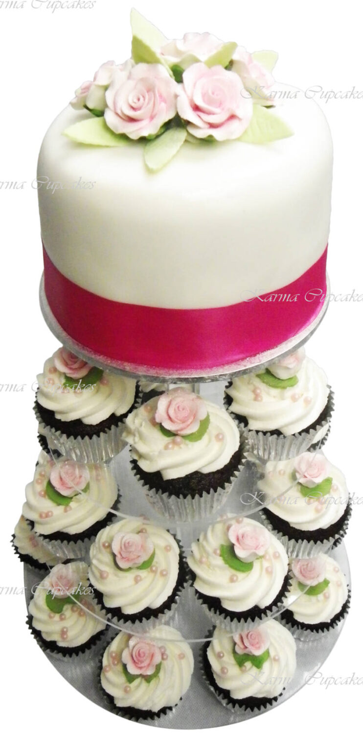 Wedding Cupcake Tower with Fondant Iced Cutting Cake and Handmade Sugar Flowers