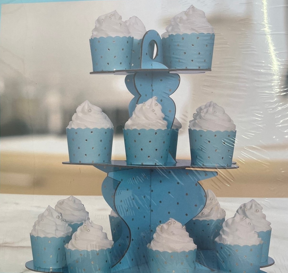 3 Tiers Cupcake Stand - Blue with Metallic Dots